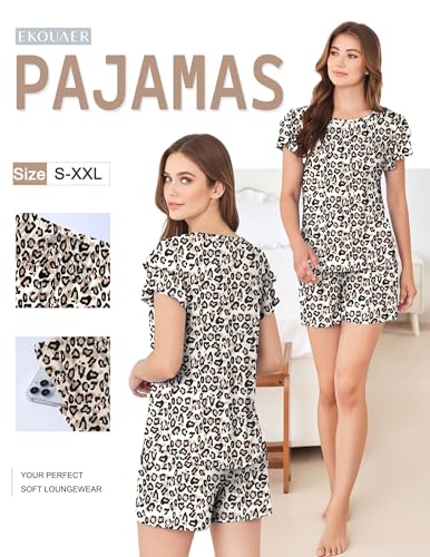 Image of Ekouaer Womens Pajama Sets 2 Piece Ruffle Sleeves Top and Shorts Pjs