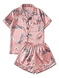 Milumia Women's Leaf Crane Print Notch Collar Sleepwear Two Piece Pajama Set Pink Large