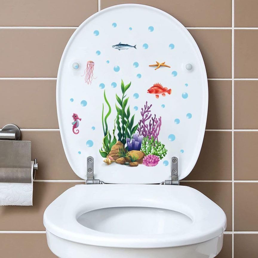 Nexlynk 2 Pack Ocean Sea Life Toilet Seat Stickers, Self-Adhesive Waterproof Removable Toilet Lid Decals, Coral Starfish Fish Underwater Bathroom Decor