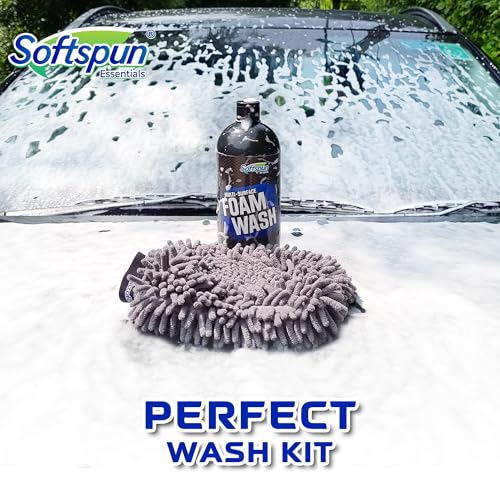 Image of SOFTSPUN Essentials 1Ltr Car & Bike pH Neutral Premium Liquid Shampoo+1700gsm 1pc Double Side Glove Grey Combo | Extra Suds, Removes Tough Dirt & Grime | Works with Bucket & Foam Cannon