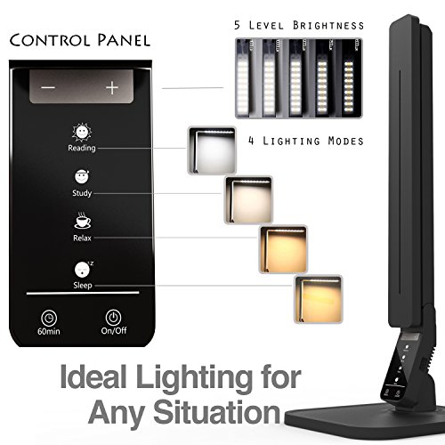 Lampat Dimmable Led Desk Lamp, 4 Lighting Modes (Reading/Studying/Relaxation/Bedtime), 5-Level Dimmer, Touch-Sensitive Control Panel, 1-Hour Auto Timer, 5V/1A Usb Charging Port, Piano Black #TOP2