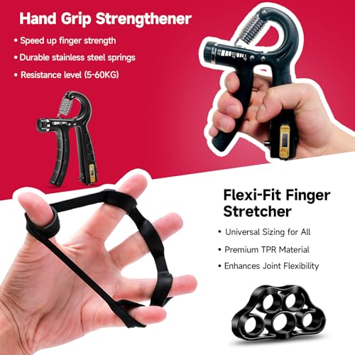 FitBeast Hand Grip Strengthener Workout Kit (5 Pack), 2 Forearm Grip Adjustable Resistance Hand Gripper, Finger Stretcher, Grip Ring & Stress Relief Grip Ball for Athletes - Image 4