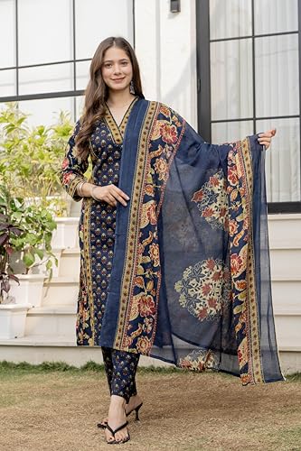 Image of MEERA FAB Women's Cotton Blend Straight Printed Kurta with Palazzo & Dupatta