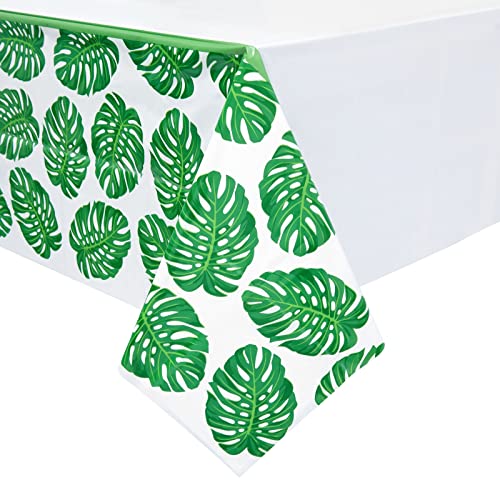 Image of BLUE PANDA Tropical Leaves Tablecloths - 3 Pack, 54 x 108 in, Green /White Plastic - Baby Shower Tablecloth for Luau Party Decoration & Safari Decoration