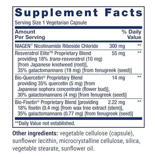 life extension nad cell regenerator and resveratrol elite nicotinamide riboside trans-resveratrol quercetin fisetin heart health healthy aging vegetarian non-gmo gluten free 30 capsules