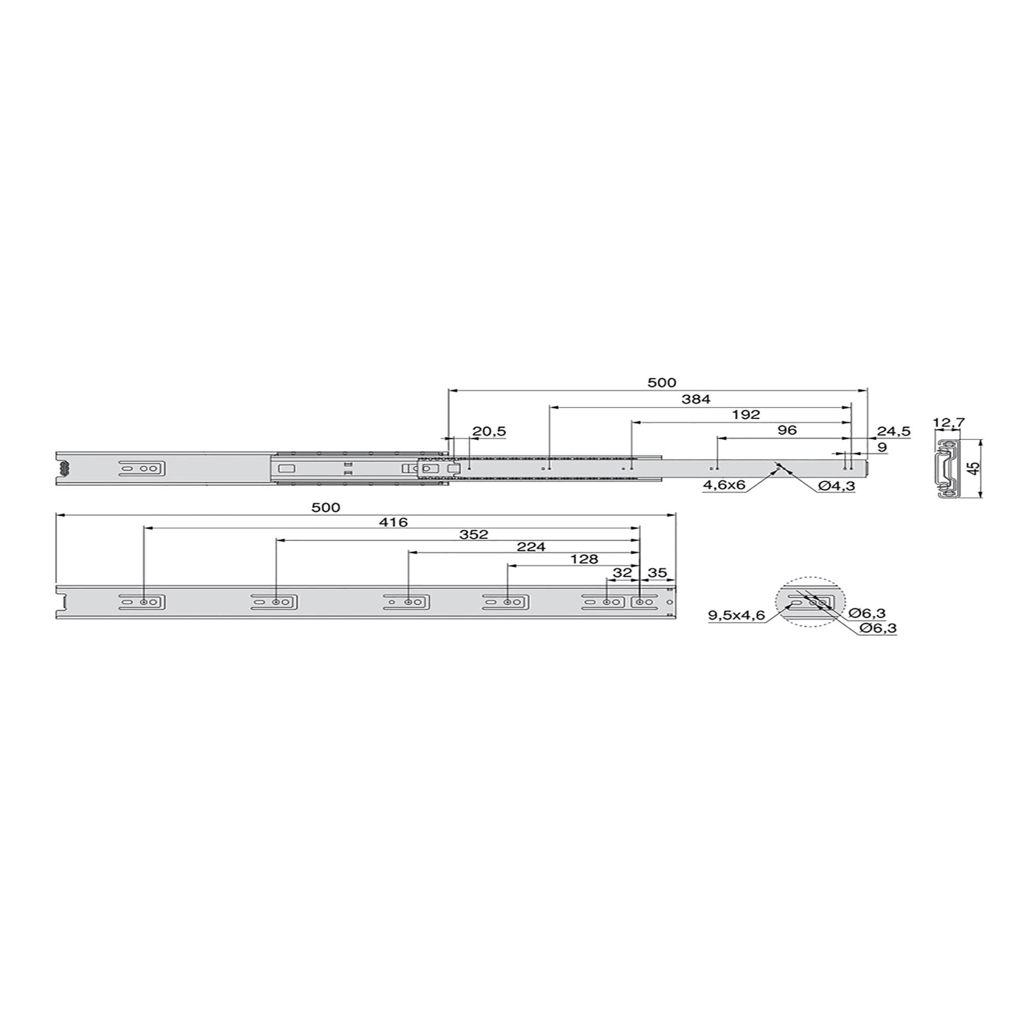 Emuca Set Schubladenführungen, vollauszug mit Rollen 45 x 500 mm, Lot von 5, Verzinktem