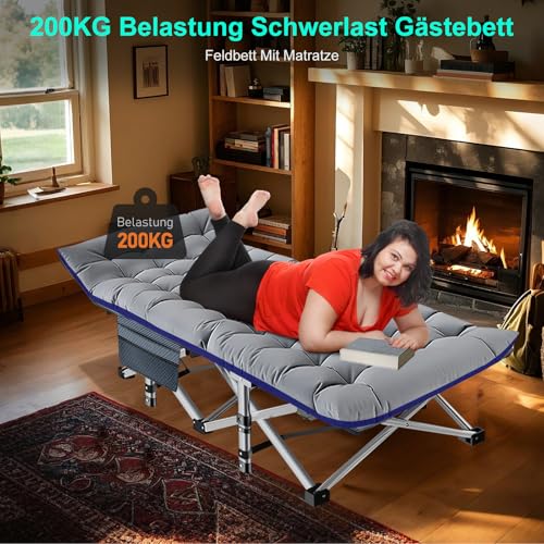 Obqer Klappbares Campingbett mit Matratze und Seitentaschen, 200KG Belastbarkeit Klappbett Gästebett, Stahlrahmen und Oxford Tuch Feldbett Klappbar, 190 x 71 x 36 cm, Geeignet für Garten Büro Camping