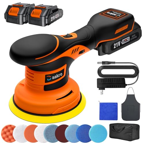 Daakro 21V Cordless Buffer Polisher Kit,6 Inch Brushless Dual Action Polisher w/ 2 X 2.0Ah Batteries,6 Variable Speed 2500-5000 RPM Random Orbital Polisher Kit for Car Detailing, Waxing, Polishing