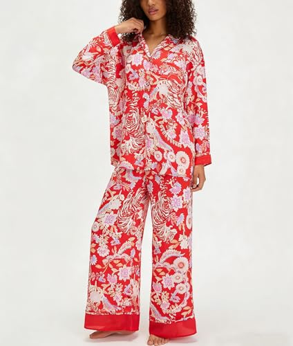 Image of Women Satin Pajama Set Floral Silk Pajamas 2 Piece Lounge Sets Button Down Shirts Wide Leg Pants Pjs Sleepwear