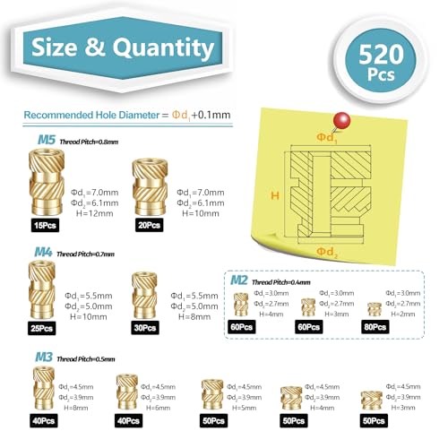 kadrick 520pcs m2 m3 m4 m5 threaded inserts assortment kit for 3d printing components metric brass knurled nuts insert by heat into plastic parts