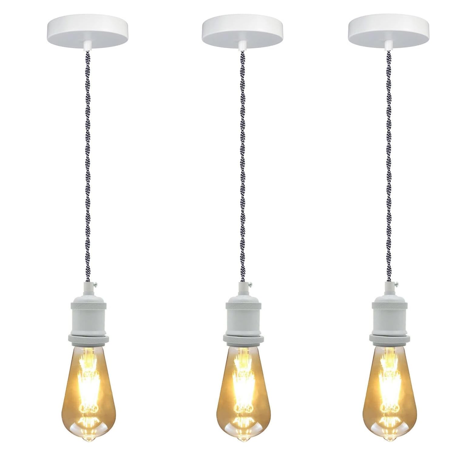 LEDSONE Vintage Ceiling Pendant Light Metal 3 Pack 95cm Twisted Braided Adjustable Cable With E27 Light Fitting Lamp Holder For Kitchen Living Bedroom Dining Room Restaurant (White