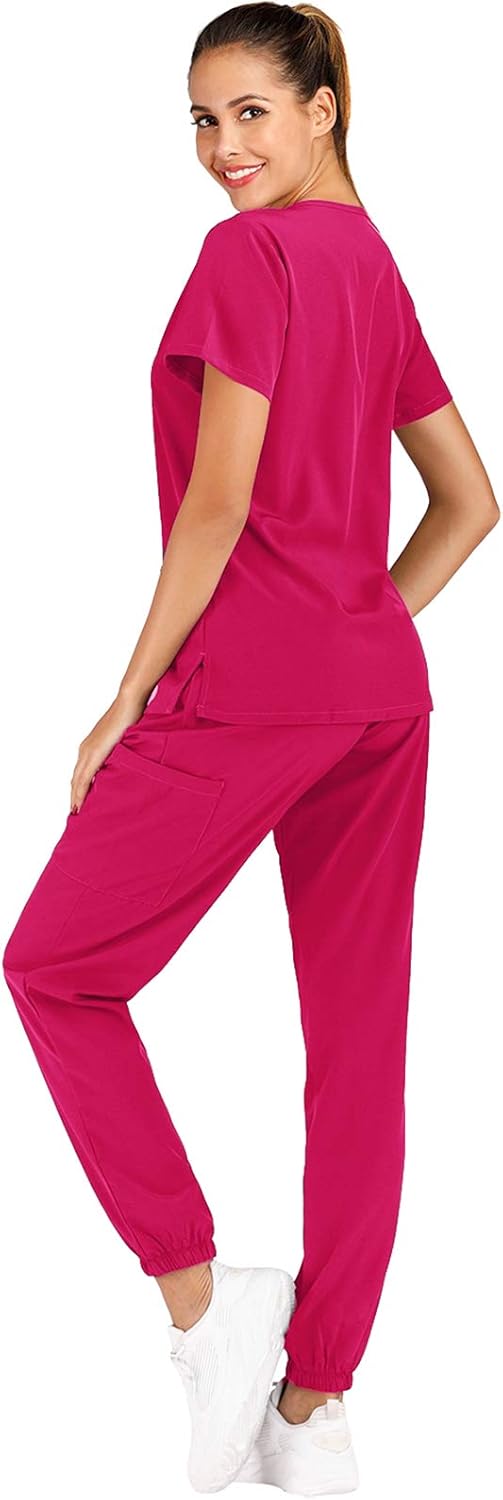 Minty Mint Women's Easy Wear Fit Lightweight Durable Solid Stretch Medical Uniform Scrub Set V Neck Top Cargo Tapered Jogger Pants Work Dentist Medical Doctor Nurse Veterinarian Hot Pink S