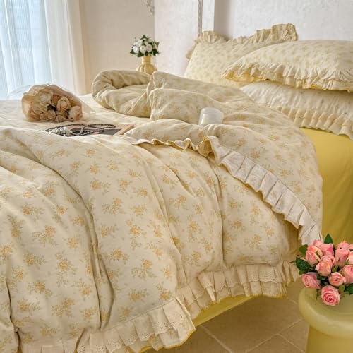 Image of VM VOUGEMARKET Cream Duvet Cover Queen with Yellow Rose Flower Pattern Soft Muslin Cotton Bedding Set with Ruffles,Soft,Breathable Linen Like Gauze Comforter Cover with Zipper Closure 90 inchx90 inch