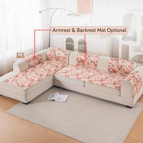 Image of HOKIPO 'Nature Muse' Premium HD Printed Holland Velvet L Shape (2+2 Seater) Sofa Cover Seat Mat, Rose Symphony (IN-915-D5 + IN-916-D5)
