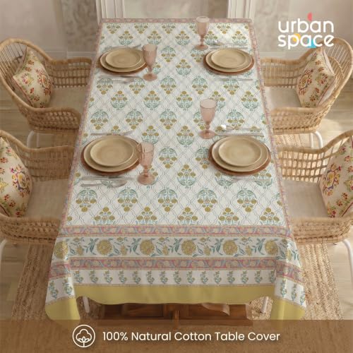 Image of Urban Space 100% Cotton Dining Table Cover 4 Seater, Jaipuri Handblock Cotton Table Cloth for Center Table, Dining Room Table Cover (Size 48 inch x 72 inch - 4 Seater, Amberjaal Yellow)