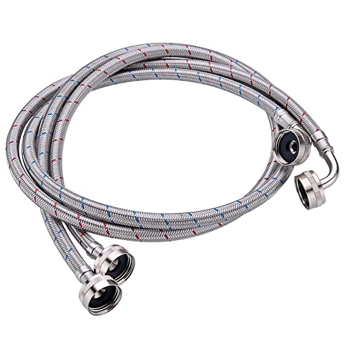 2-Pack Premium Stainless Steel Braided Hose with 90 Degree Brass Elbow Washing Machine Hoses,4 Ft Burst Proof Red and Blue Striped Water Connection Inlet Supply Lines