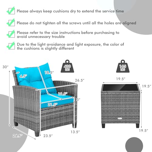 Image of Tangkula 3 Pieces Patio Furniture Set, Outdoor PE Rattan Conversation Chair Set with Tempered Glass Side Table and Removable Cushions, PE Wicker Chairs and Table Set for Porch, Balcony and Garden