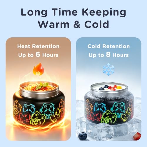 Image of MAISON HUIS 15oz Soup Thermo Wide Mouth Vacuum Insulated Stainless Steel Food Jar, Leak Proof for Hot&Cold Food Kids Lunch Container for School Travel (Black-Games Console)