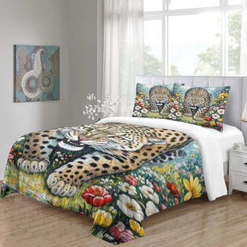 Housse de couette léopard de neige 260x220cm en microfibre douce pour grand lit