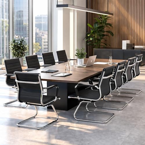 Image of Conference Room Chairs Set of 2, Waiting Room Chairs with Arms, Faux Leather Reception Chairs No Wheels, Office Guest Chairs with Mid Back Support and Chrome Sled Base, Black