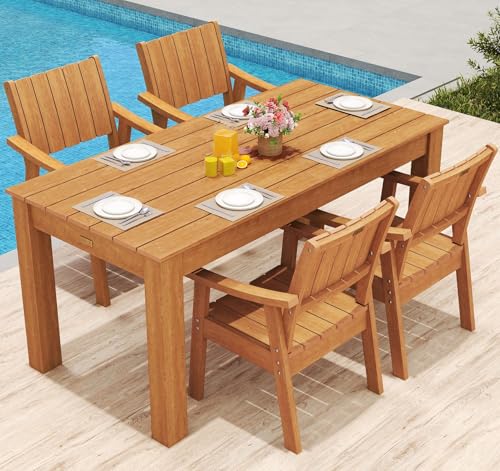 ZHUSI Patio Table and Chairs Set, Outdoor Table and Chairs,HDPE Outdoor Dining Set with Umbrella Hole for Backyard, Poolside, Porch 4 Armchairs