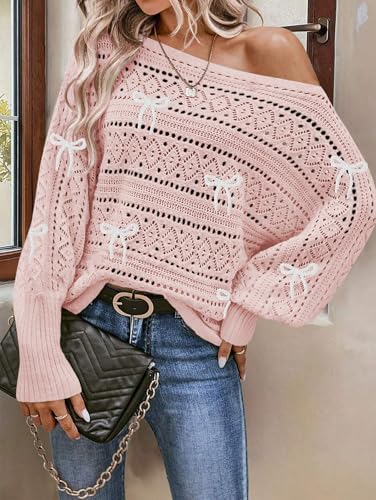 Image of Cakulo Womens Off Shoulder Crochet Sweater Top 2025 Fall Fashion Batwing Long Sleeve Sweaters Outfits White Bow Pink XL