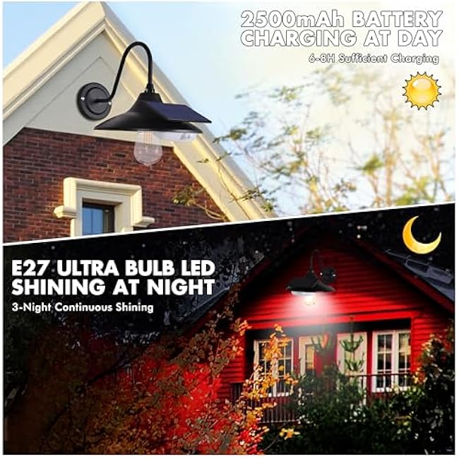 Barn Light Gooseneck Solar Porch Shed Light 3000K Black Upgraded Auro B