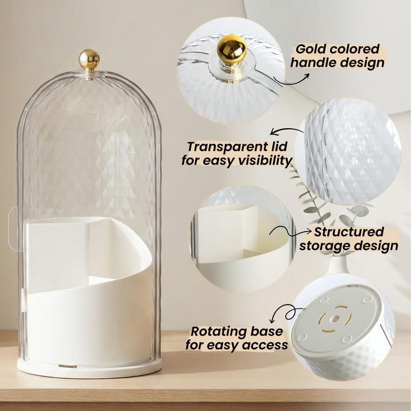 Image of OCEANEVO Cosmetic Makeup Brush Holder with Makeup Sponge, Dustproof Makeup Brush Organiser Stand with 360 Rotatable Lid - 12.5 x 27 Cm - White - Diamond Pattern - 1 Year Warranty