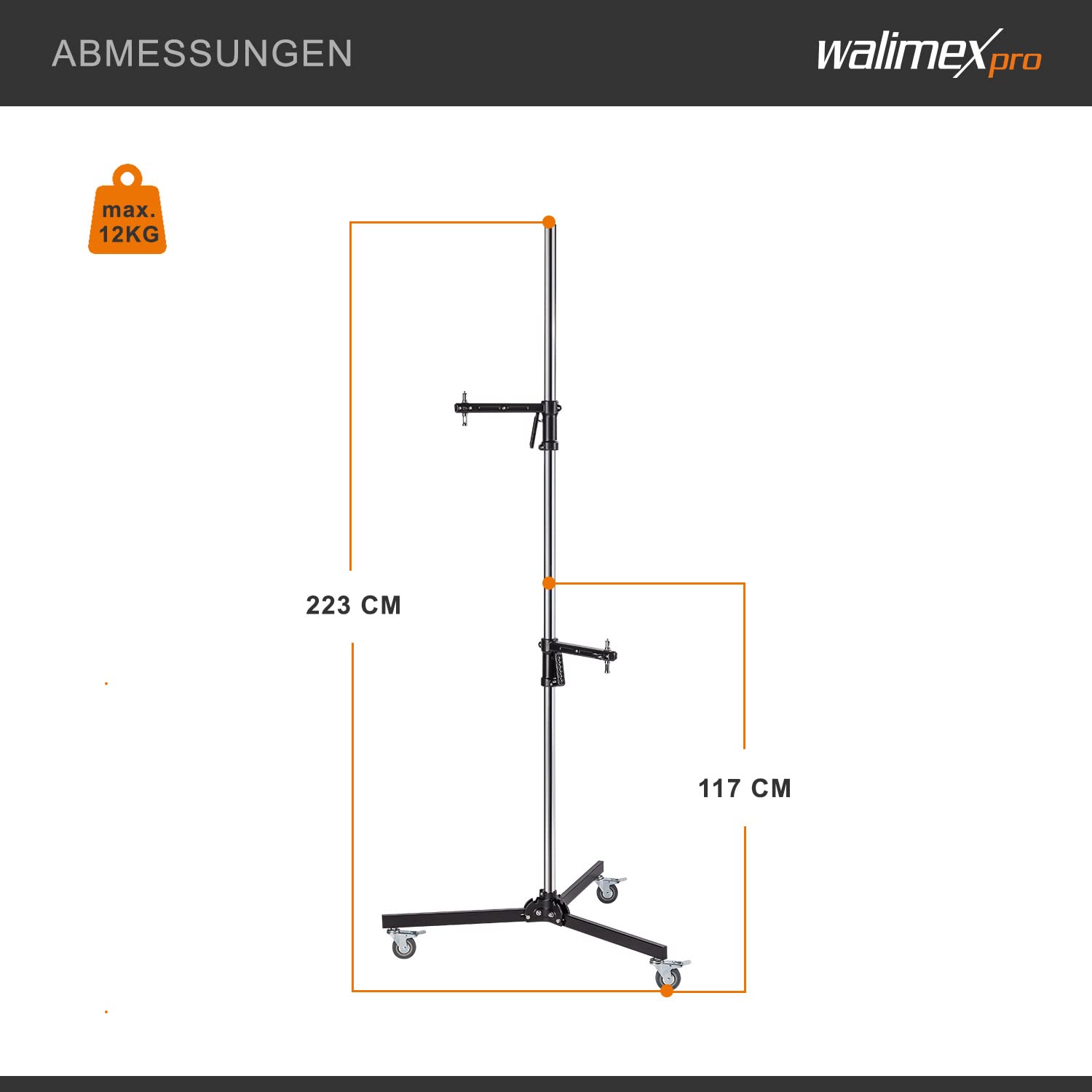 Walimex pro Rollstativ 223 cm, Blitzstativ belastbar bis 12 kg, Studiostativ mit zwei verschiebbaren Klemmhaltern, Lampenstativ mit stabilen Rollen ideal zur Befestigung von Studio-Equipment
