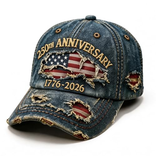 250 Anniversary USA Hat 1776-2026 Flag Vintage Washed Hat Distressed Denim Embroidered Baseball Cap for Men Women (Blue)