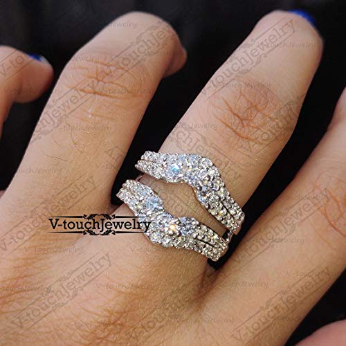 V Touch Round Cut D/VVS1 Diamond Engagement Enhancer Double Wedding Band Guard Ring for Women 14K Gold Plated 925 Sterling Silver2
