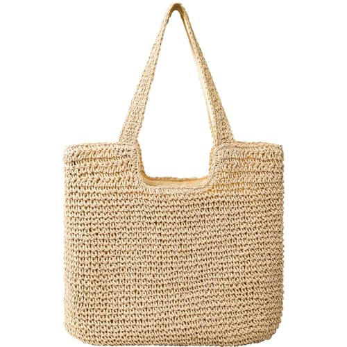 Image of Pleneal Straw Beach Bags for Women - Women Beach Handmade Woven Tote Bag, Summer Mesh Hollow Shoulder Bag for Holiday