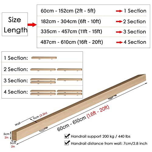 Main courante escalier en bois de 243cm avec support mural de sécurité pour loft - 4