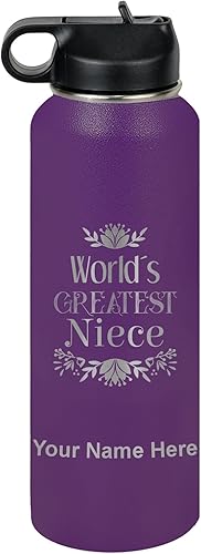 Miniatura 46 de LaserGram Personalized Water Bottle, World's Greatest Niece, Stainless Steel Double Wall Vacuum Insulated with Flip Top Straw, Custom Engraved Gift