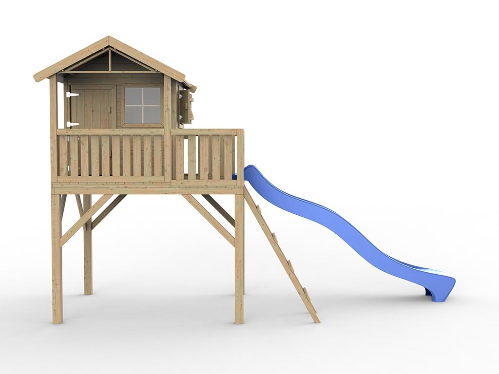 Stelzenhaus Funny XXL KDI | 285x188x303 cm | Kesseldruckimprägniertes Kiefernholz | Mit Veranda, Balkon & Blauer Rutsche | 146 cm Podest | Kinder Outdoor Spielhaus