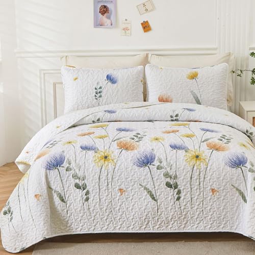 Dinjoy Floral Quilt Set Queen 3 Pieces Blue & Yellow