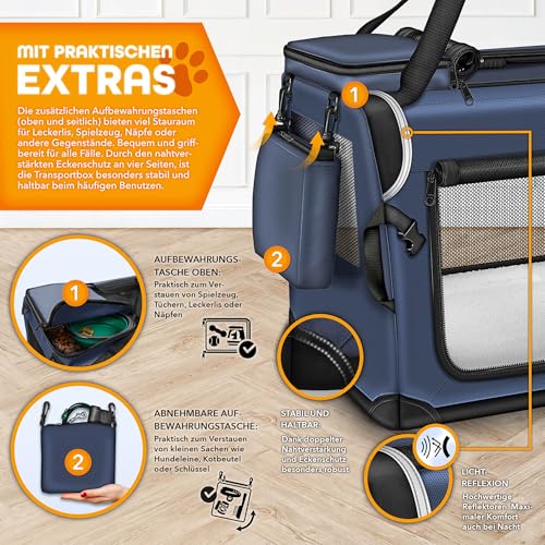 TRESKO® Hundebox faltbar inkl. Leckmatte, Spatel & Reflektoren M 61x42x42cm | Transportbox für Hunde und Katzen | Hundetransportbox Auto für kleine & große Hunde | Hundetasche robust Navyblau
