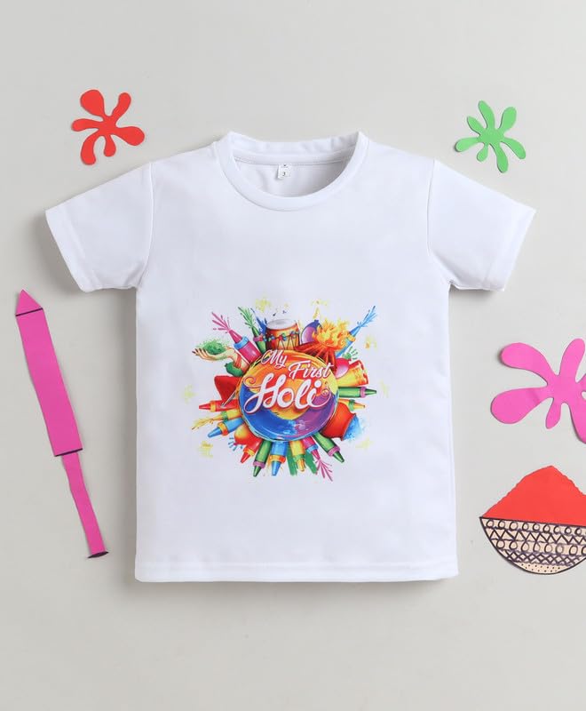 Image of The Magic Wand Kids Holi Festival Theme Printed T-Shirts, Girls Top, Boys Kurta Multicolored for Kids Baby Boys and Girls, Traditional Indian Wear Dress for Holi