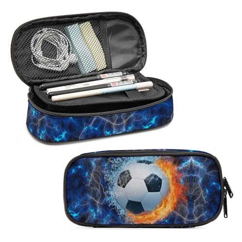 Image of Soccer Pencil Case for Boys, Large Capacity Pencil Pouch for Kids, Back to School Pencils Box Pen Bag with Zipper, Cool Pen Case Stationery Organizer for Middle Elementary School - Blue