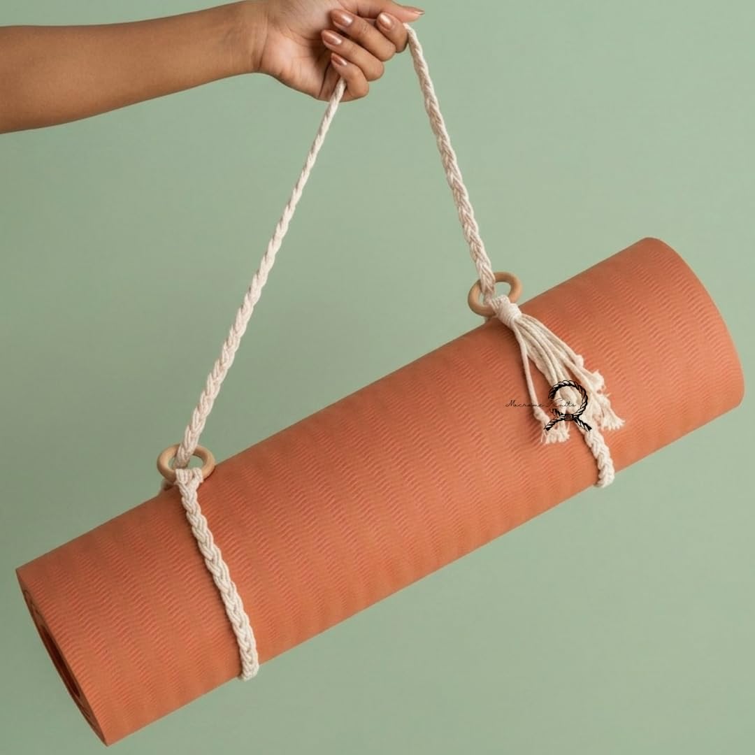Macrame Yoga Mat Strap with Wooden Rings – Handmade Cotton Rope Carrier for Boho & Minimalist Style, 66.9" (170cm) (Off- White)-image-31