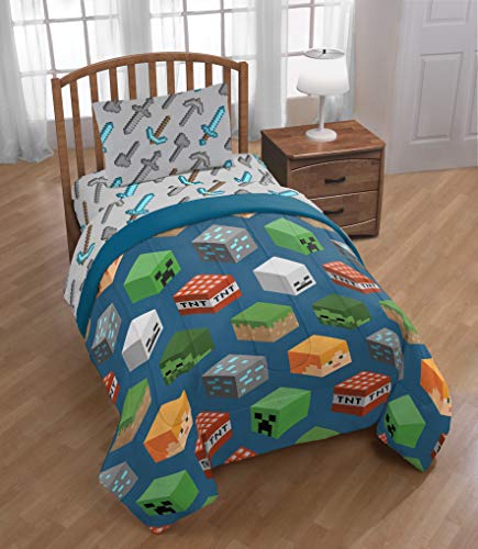 Image of Minecraft Creeper Twin Comforter Set 4 Piece Kids Bedding for Boys, Blue | Zombie Steve, Bed in a Bag, Comforter Sheets Pillowcase, Official Product, Soft Microfiber, Machine Washable, Boys Gift