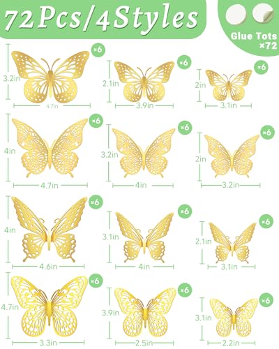 Image of 72Pcs 3D Butterfly Wall Decor, Gold Butterfly Fathers Day Decorations, 4 Styles 3 Sizes Removable Butterflies Room Decor Butterflies Wall Stickers for Birthday Party Tea Cake Flower Decorations