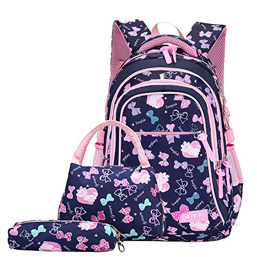 Bansusu Juego de mochila para niñas con diseño de gato con lazo y kit de almuerzo