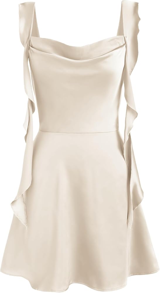 Amazon.com: CIDER Party Dress Ruched Ruffle Hem Mini Dress Elegant Satin  Sleeveless Cowl Neck Beige : Clothing, Shoes & Jewelry