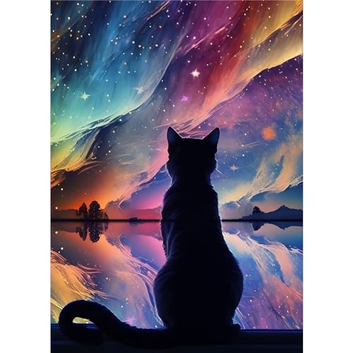 EOBROMD 5D Cat Diamond Painting Kits for Adults Full Round Drill Starry Sky Diamond Art Crystal Rhinestone Art Craft for Home Decor Gifts 30x40cm