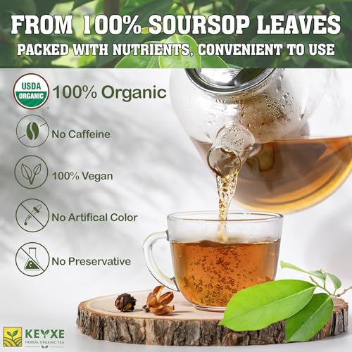 Image of KEYXE - USDA Organic Soursop Graviola Leaves Tea 50 Bags. Non-GMO Verified , 100% Organic Soursop Leaves for Digestion, Boosting Immune, Improving Sleep & Skin Health, Gluten Free, Caffein Free , Hojas De Guanabana Tea Organica, Eco-Conscious Tea Bags