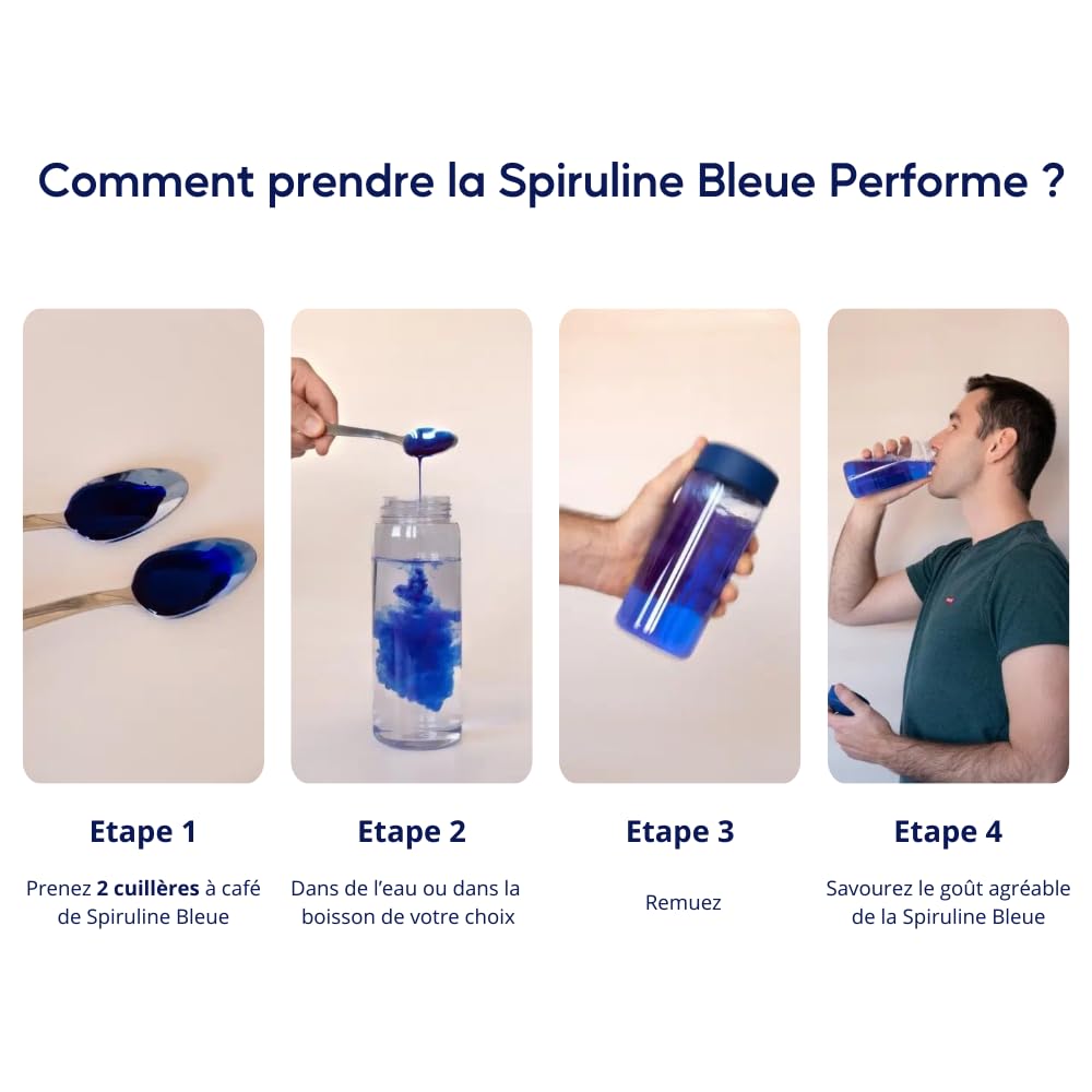 Spiruline Bleue 12000mg/l • Compétitions & Performances • Ultra Concentrée en Phycocyanine • 20 doses • Goût agréable • 100% Naturel • Made In France • Performe
