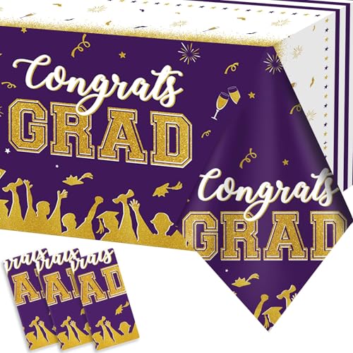 Image of chiazllta Set of 3 Graduation Tablecloths Class of 2026 Congrats Grad Purple Graduation Party Tablecover Decorations Party Supplies Large Size Plastic 54 inchx108 inch(Purple & Gold)
