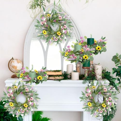 Image of 6 Pcs Spring Summer Artificial Flowered Wreath Mini Floral Wedding Candle Rings Wreaths 3inch Kitchen Cabinet Swags Wreath Pillar Candle Holder for Wedding Spring Summer Home Door Tabletop Decoration
