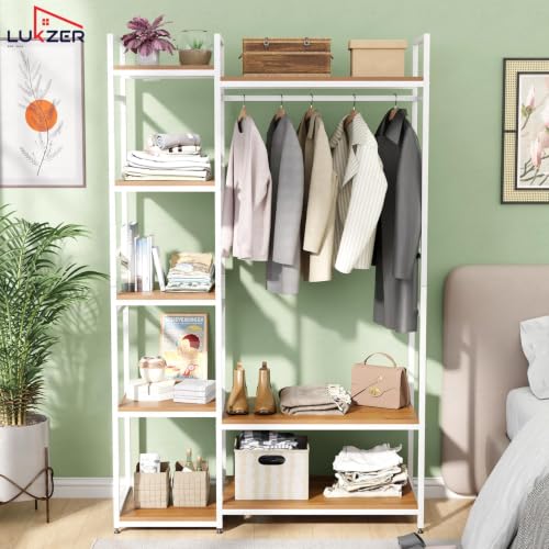 Image of Lukzer Heavy Duty Garment Rack with 8 Shelves & Hanging Rod | Free-Standing Modern Clothes Stand Metal & Engineered Wood Shoe Rack with Adjustable Foot Pads for Living Room - MMR-004 /White & Oak Brown